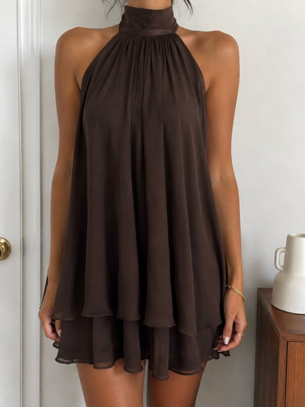 Y2K Brown Backless Halter Mini Dress 🤎